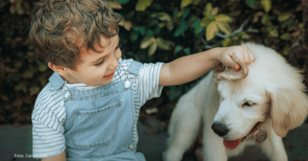 Małe dziecko siedzące obok psa na podłodze podczas spokojnej, nadzorowanej interakcji.